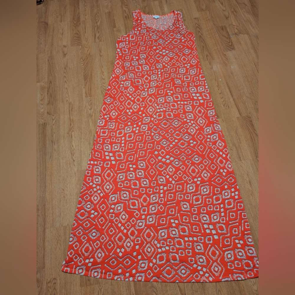 LuLaRoe Dani Maxi Dress XL NWOT Orange White Geometric Tribal Sleeveless Tank - Picture 3 of 8